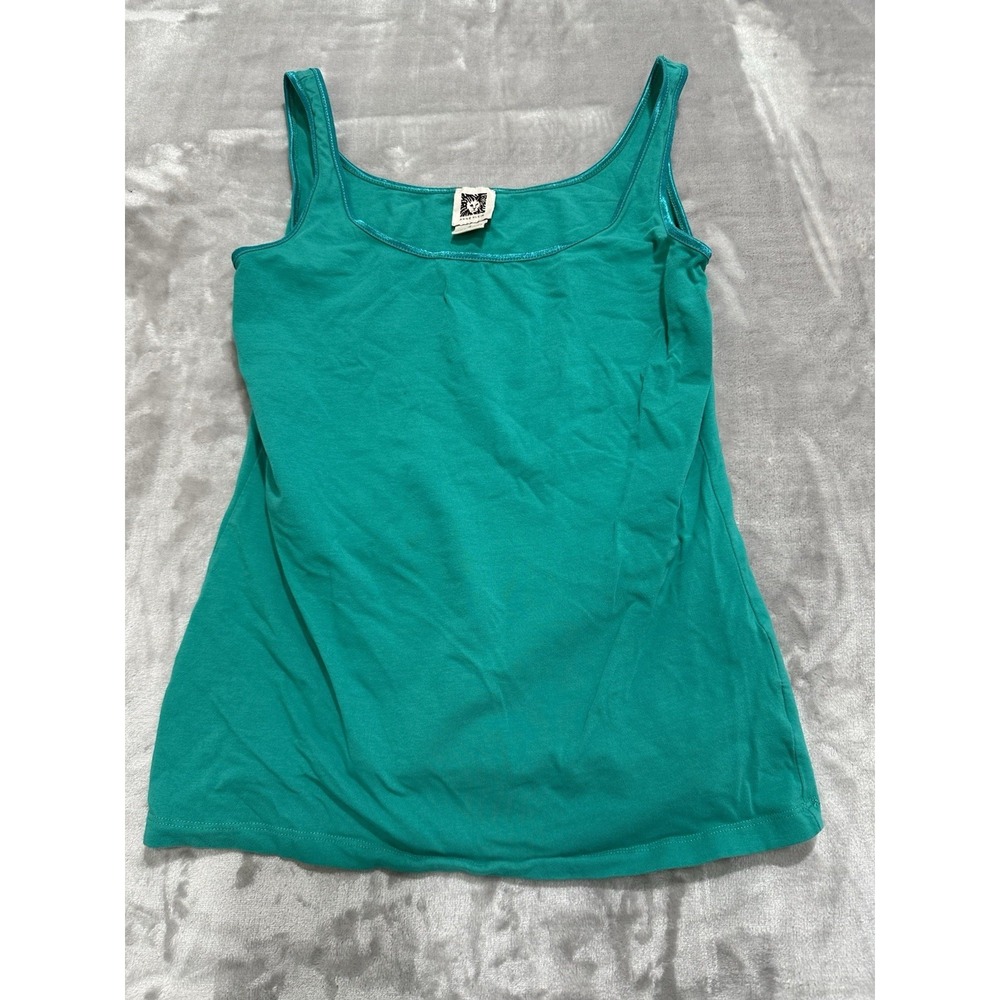Anne‎ Klein Women's Cotton Tank Top Light Green Size Small Accent Border EUC